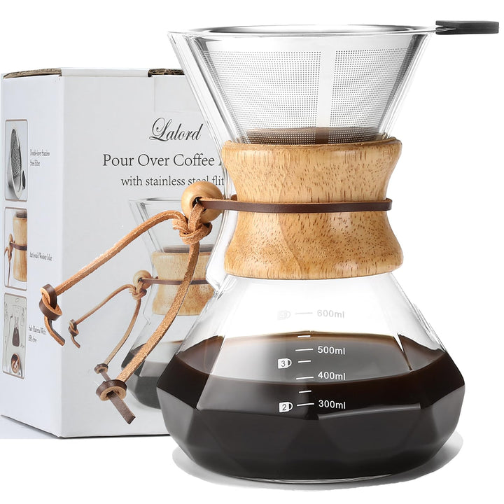 Pour Over Kaffeebereiter mit Edelstahlfilter, 600 ml Borosilikatglas Kaffeekaraffe, Holzkragen, Kaff