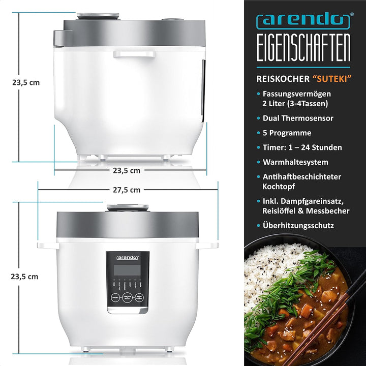 Arendo - Reiskocher - Muktikocher - Dampfgarer - 2l - Warmhaltefunktion - antihaftbeschichteter Gart