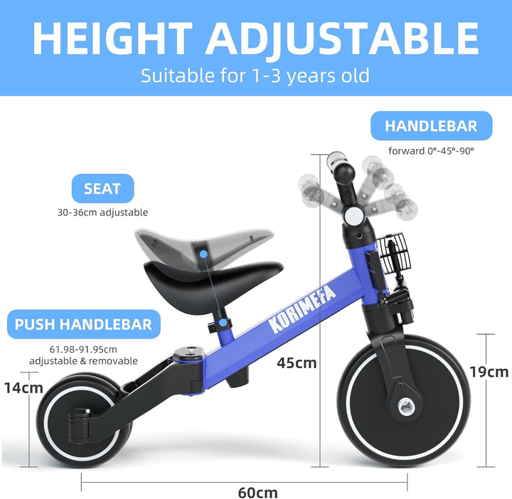 KORIMEFA 4 in 1 Laufräder Laufrad Kinderdreirad Dreirad Lauffahrrad Lauflernhilfe mit Schubstange fü