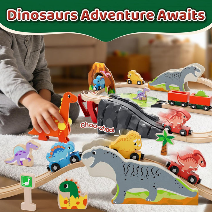 Lehoo Castle Holzeisenbahn, Holz Eisenbahn Kinder, Dinosaurier Spielzeug Holzeisenbahn Schienen, Din