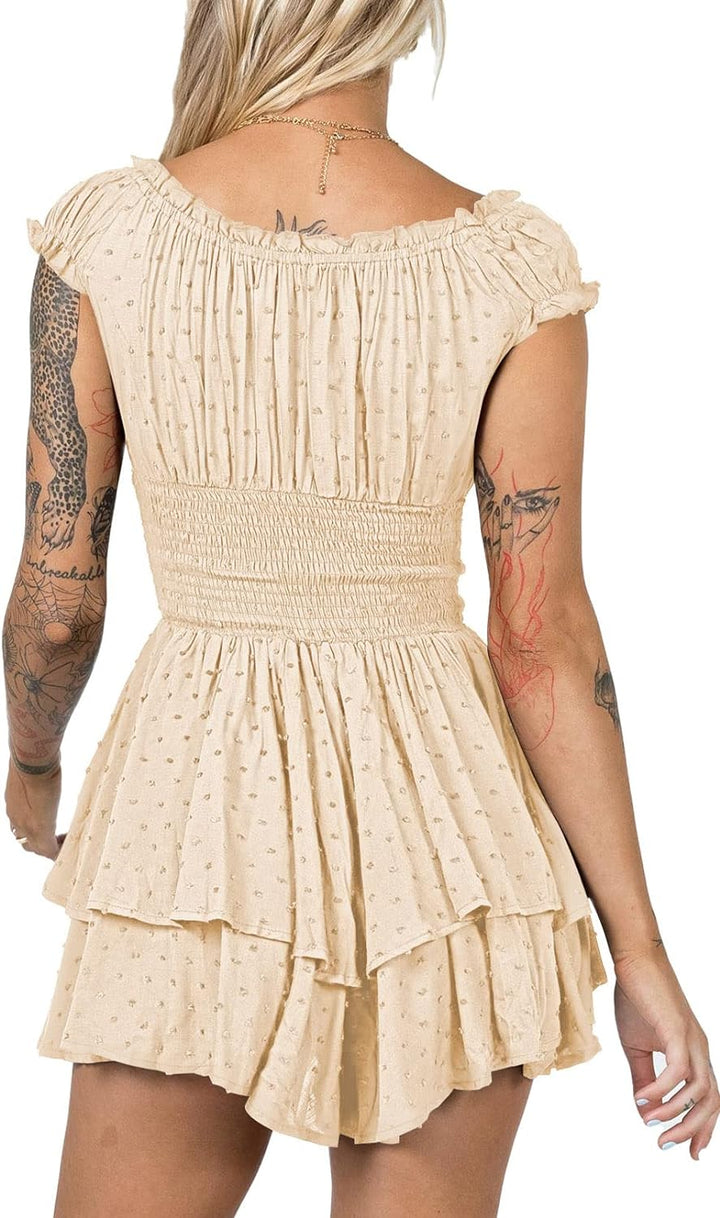 Viottiset Damen Rüschen Shorts Strampler Schulterfrei Swiss Dot Sommer Overalls S Aprikose, S Apriko