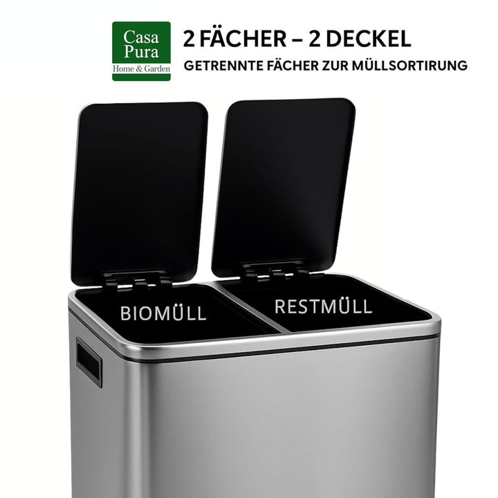 casa pura Mülleimer Küche 2×30L Grau | 2-Fach Mülltrennung, Treteimer Küche, Metall, Soft-Close, luf