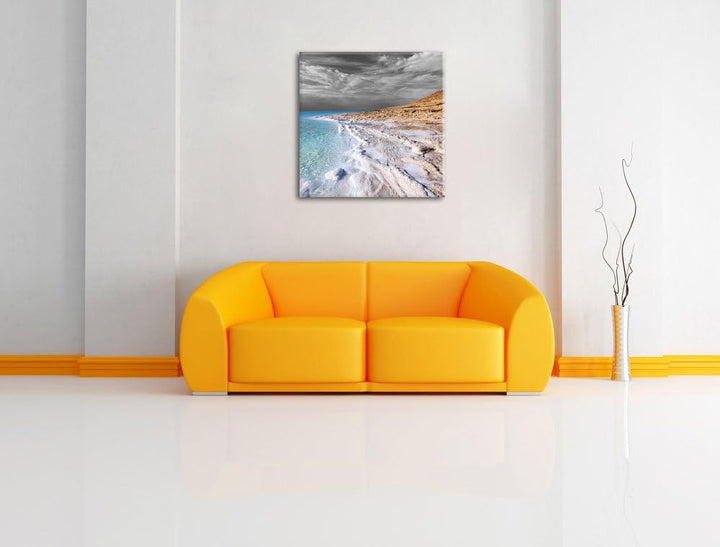 Pixxprint Das Tote Meer bei Tag Schwarz/Weiss, Format: 70x70 auf Leinwand, 70x70