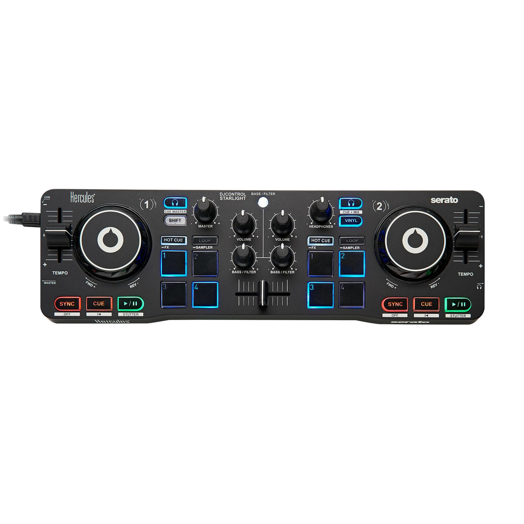 Hercules DJControl Starlight - Tragbarer 2-Deck DJ-USB-Controller mit 8 Pads, Serato DJ Lite Softwar