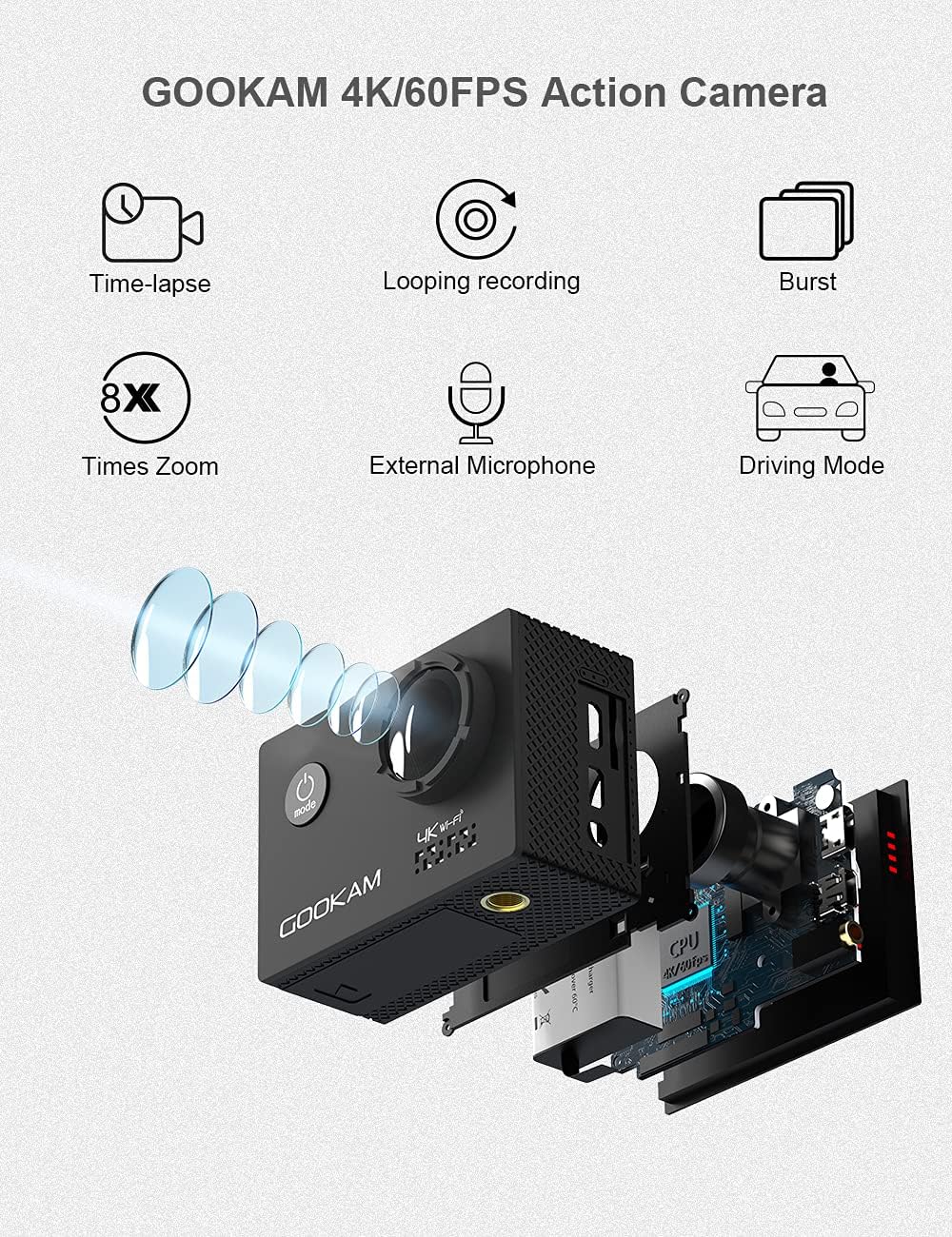 GOOKAM Action Cam 4K 20MP WiFi Actionkamera 40M Unterwasserkamera EIS Sportkamera mit Externe Mikrof