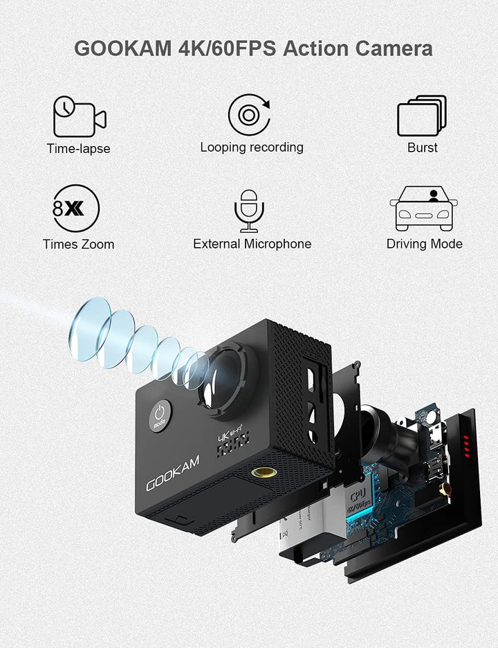GOOKAM Action Cam 4K 20MP WiFi Actionkamera 40M Unterwasserkamera EIS Sportkamera mit Externe Mikrof