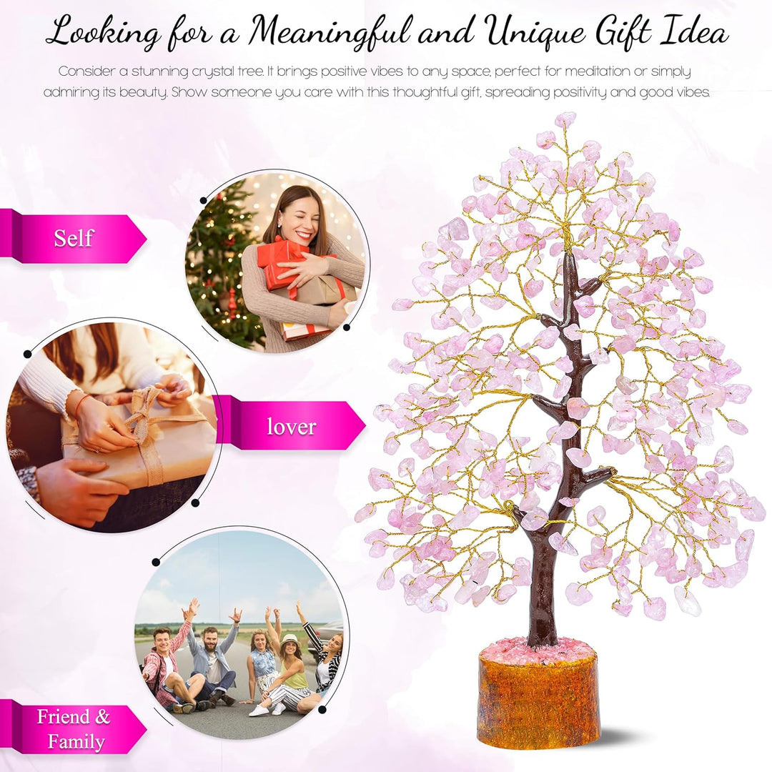 Crocon Rose Quartz Gemstone Tree Feng Shui Figurine Money Bonsai Good Luck Chakra Balancing Reiki He