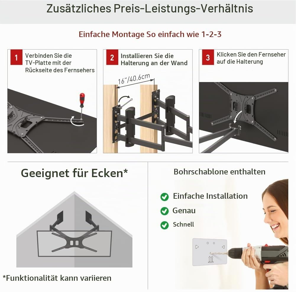 Barkan 104cm Lange TV Wandhalterung, 13-90 Zoll Doppelarm, Schwenkbar/Vollbewegung luxuriösen TV Hal