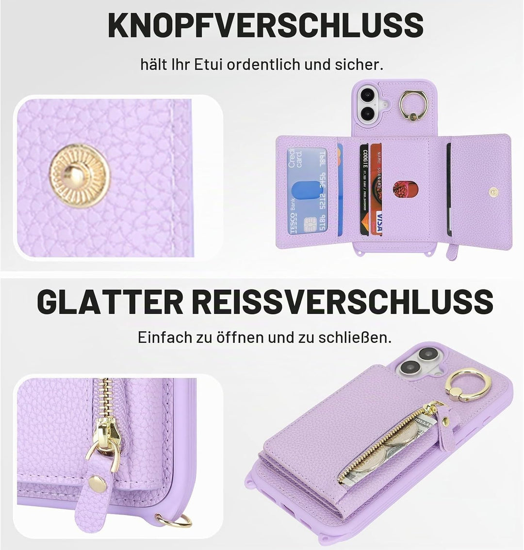 ELTEKER Handyhülle für iPhone 17 Hülle mit Band, Kartenfach Ringhalterung Reissverschluss Geldbörse,