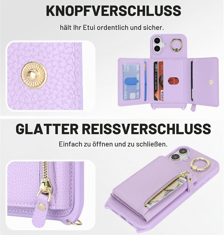 ELTEKER Handyhülle für iPhone 17 Hülle mit Band, Kartenfach Ringhalterung Reissverschluss Geldbörse,