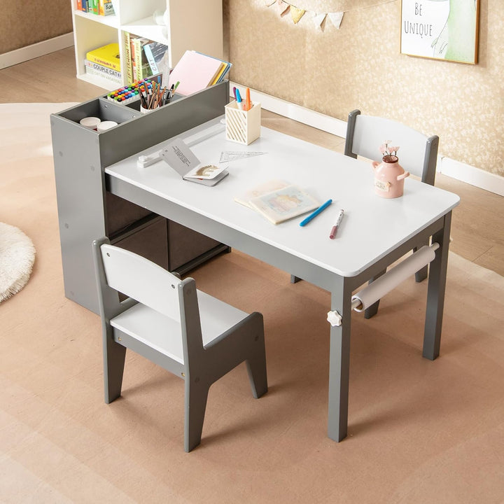LIFEZEAL Kindertisch mit 2 Stühlen, Kinder Spieltisch und Stühle Set mit Papierrollen und 4 Stoffabl