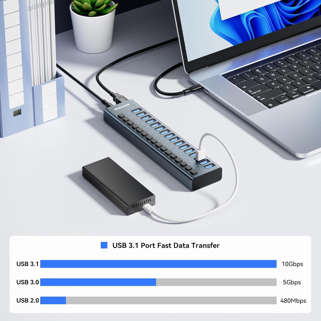 Powered USB Hub - 16 Ports 90W USB 3.0 Data Hub - mit Individuellen EIN-/Ausschaltern und 12V/7.5A N