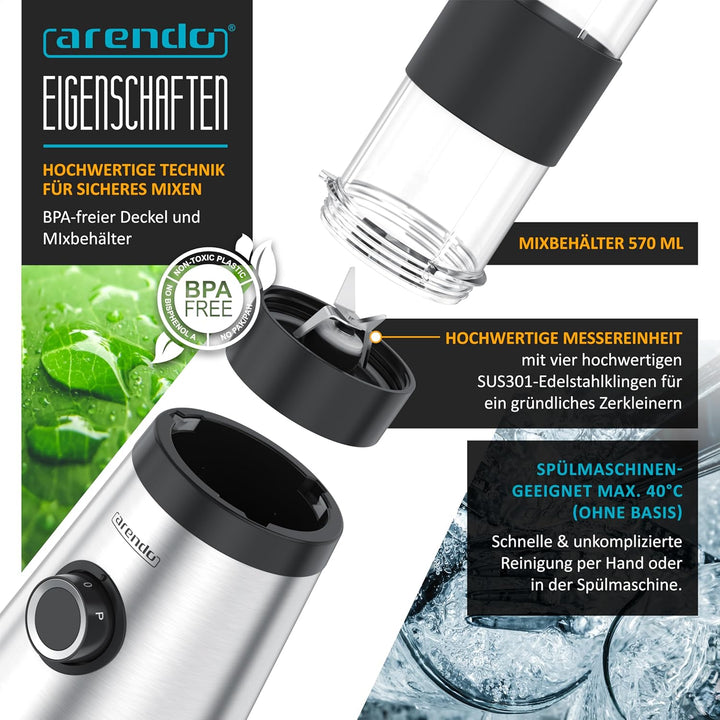 Arendo - Standmixer klein - 500 W – mini Smoothie Maker to Go - Mixer - zwei Becher – 500-570 ml – K