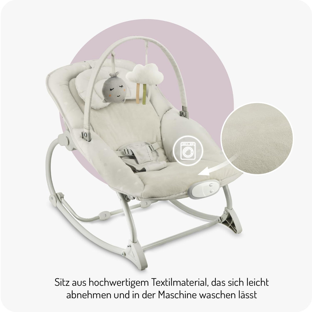 MoMi Babywippe LAPIS für Babys bis 12 kg, Batteriebetrieb, 3-Punkt-Sicherheitsgurt, Bügel und 2 Spie
