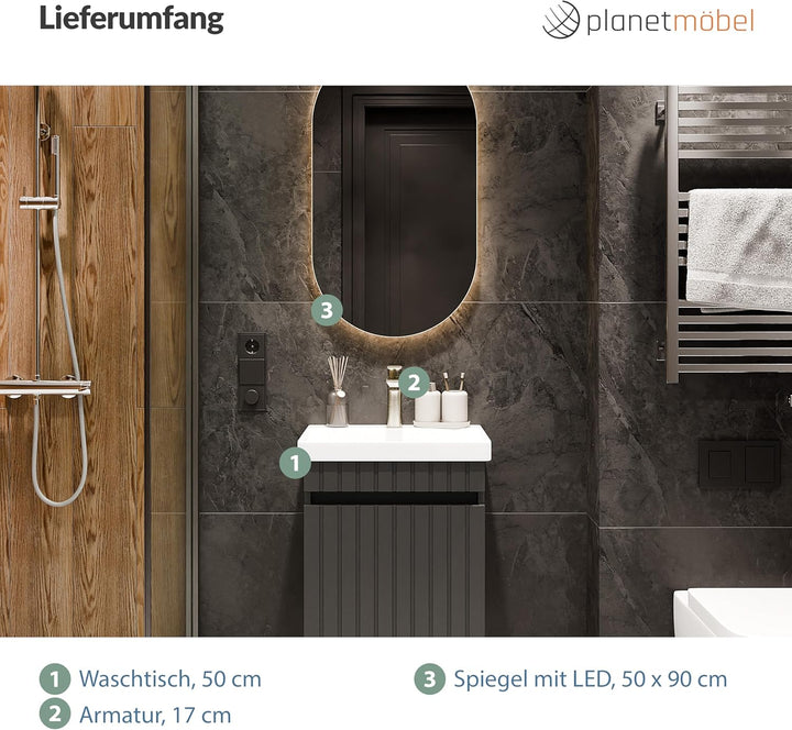 Planetmöbel Cosmia Badmöbel Set Waschtisch mit Unterschrank 50 x 60 x 35 cm Anthrazit, Spiegel mit B
