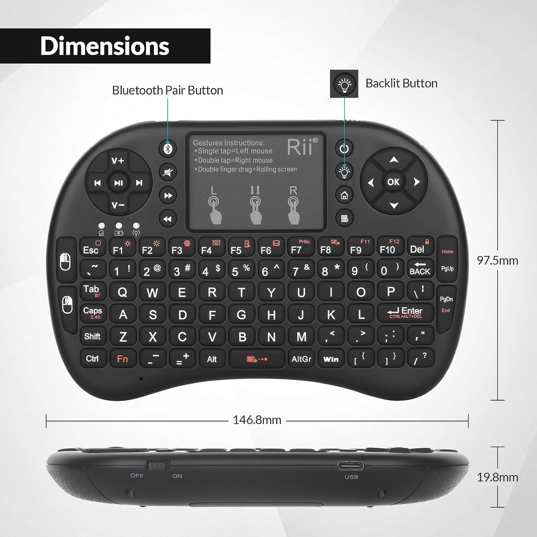 Rii Mini i8+ Wireless (QWERTY US Layout) - Mini Beleuchtete Tastatur mit Multi-Touch Maus-Pad für Sm