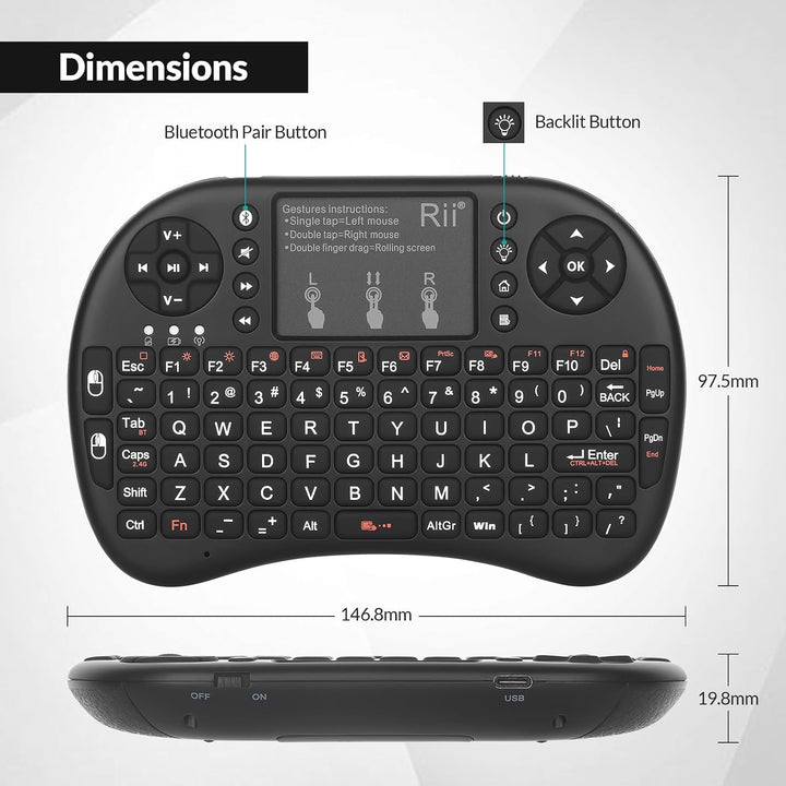 Rii Mini i8+ Wireless (QWERTY US Layout) - Mini Beleuchtete Tastatur mit Multi-Touch Maus-Pad für Sm