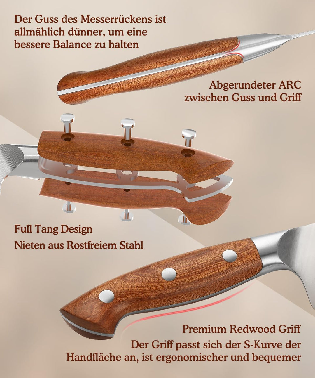 HEZHEN Messerset Profi Küchenmesser Set 5-Teilig，German Stahl Kochmesser Santoku Universal Tranchier