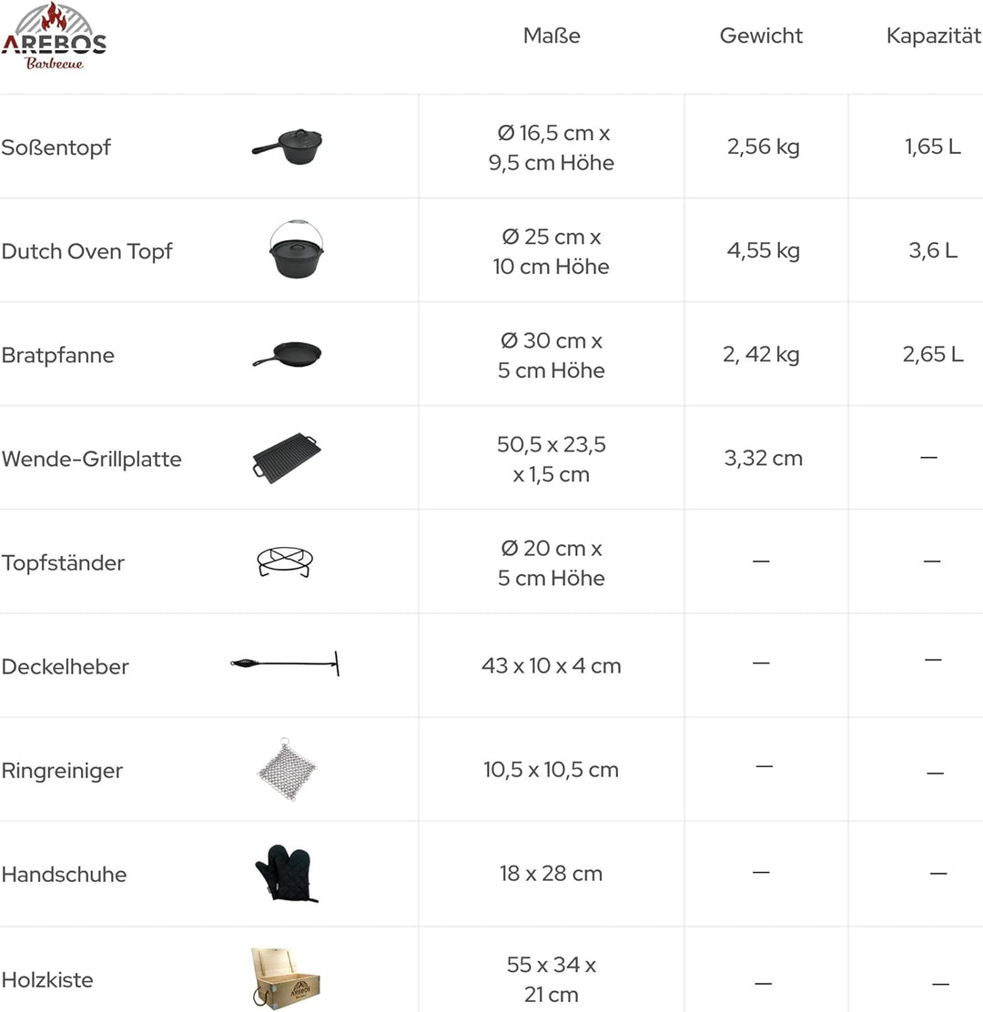 Arebos Dutch Oven Set 9-teilig | Gusseisen BBQ Set mit Grillplatte, Feuertopf, Pfanne, Deckelheber,