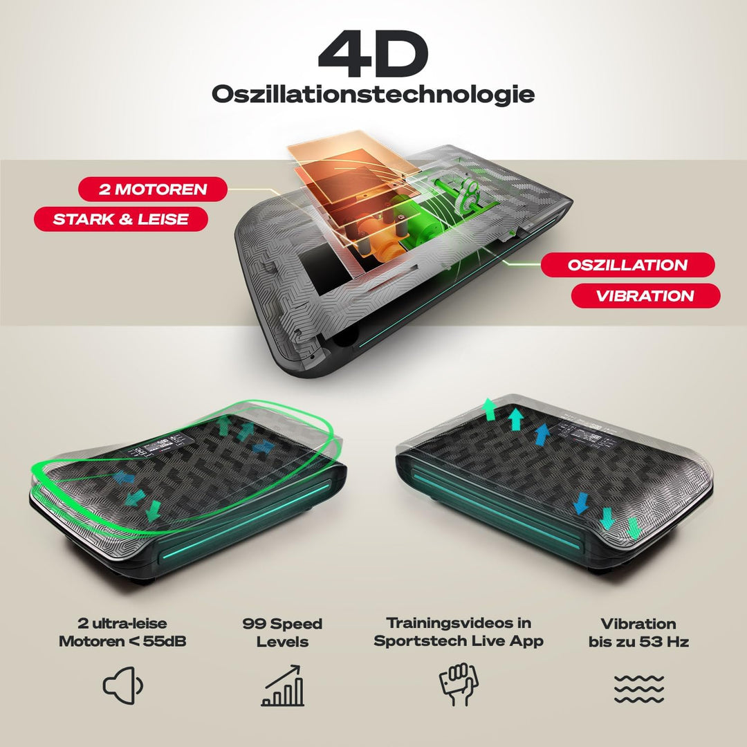 Sportstech 4D Vibrationsplatte für Zuhause, VP400 und sVibe, Smart LED, Trainingsbänder und Ropes, A