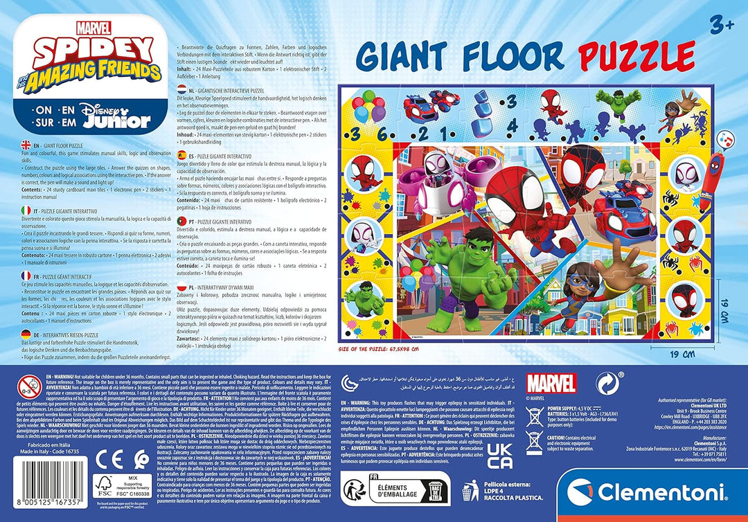 Clementoni Quiz-Bodenpuzzle Marvel Spidey 70x100 cm - Kinderpuzzle mit 24 Maxi-Puzzleteilen - Lernsp