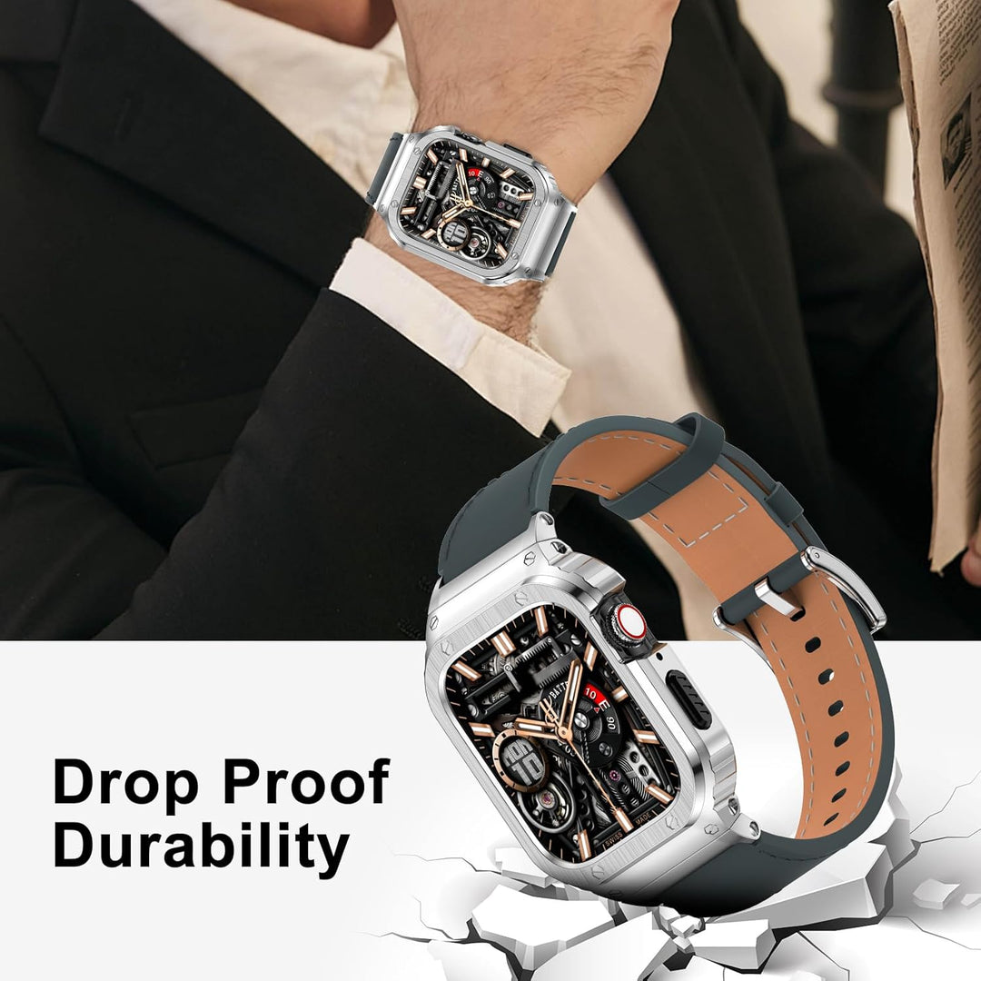 SUPLINK Metallgehäuse mit Lederarmband Kompatibel mit Apple Watch Armbändern 40/41mm,Edelstahl Schut