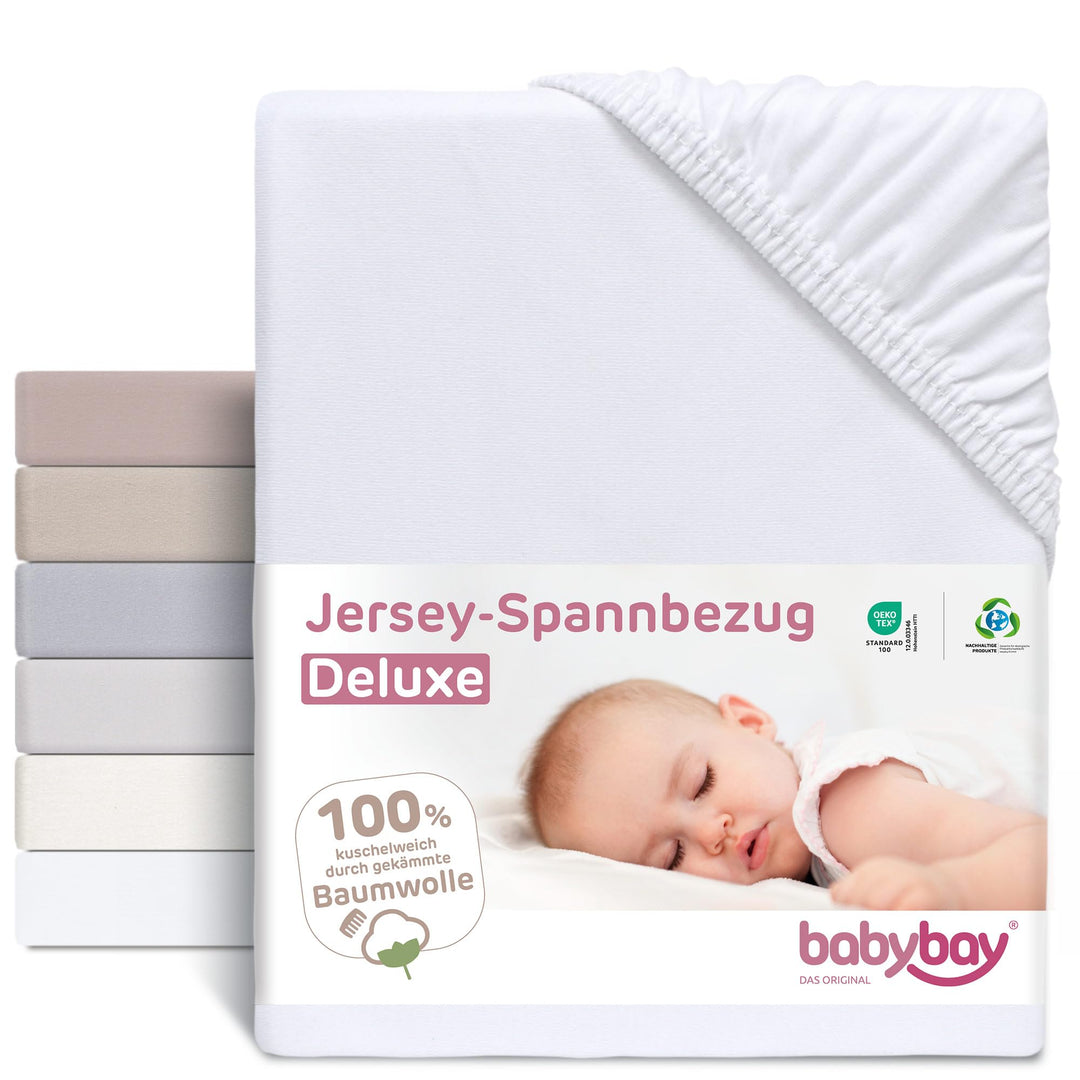 babybay Jersey Spannbetttuch Deluxe passend für die Modell Boxspring XXL, weiss, 105 x 57,5 cm (1er