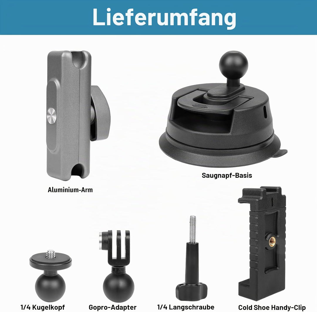 Action Kamera Saugnapfhalterung Auto Saugnapf Halter mit 360° Doppelkopf und 1/4 Gewinde Telefonhalt