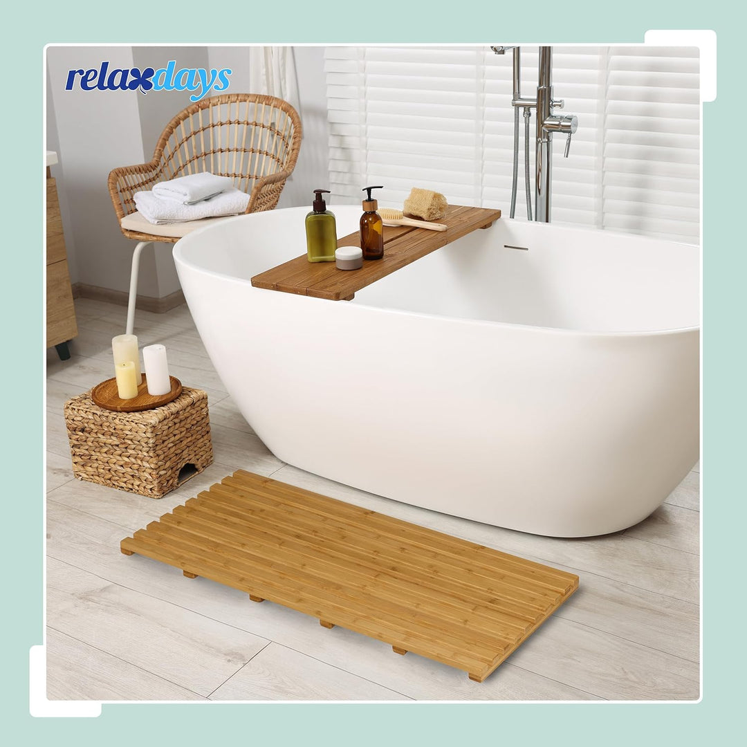Relaxdays Bambus Badematte, 100 x 50 cm, rutschfeste Duschmatte für Badewanne, Dusche, Sauna, Indoor