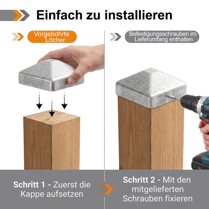 8 Stück Pfostenkappe 7x7cm, Quadratisch Zaunpfahlkappe Verzinkt | Pfostenkappen mit 16 Schrauben, Me