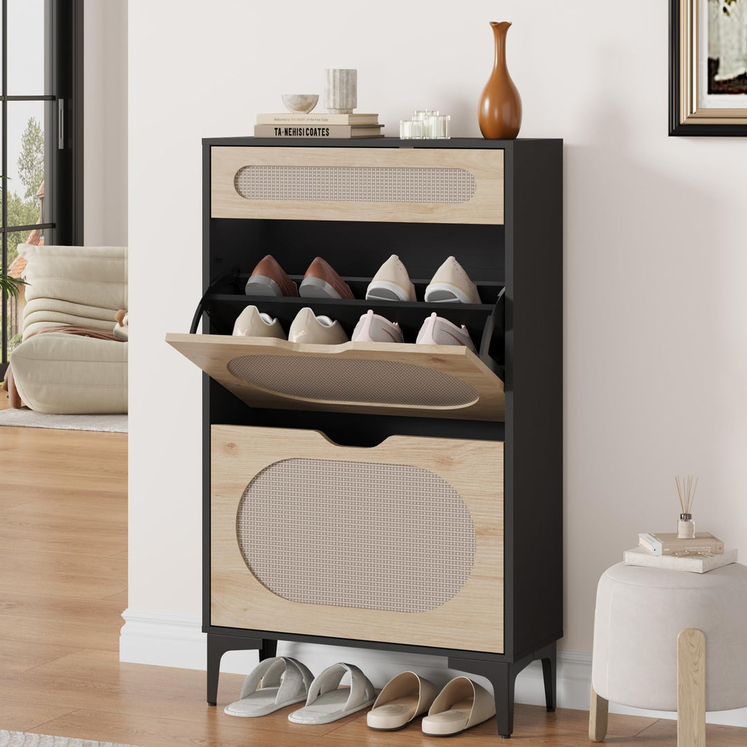 Garvee Schmaler Rattan Schuhschrank aus Holz – 2 Klappfächer + 1 Schublade, Höhenverstellbare Regalb