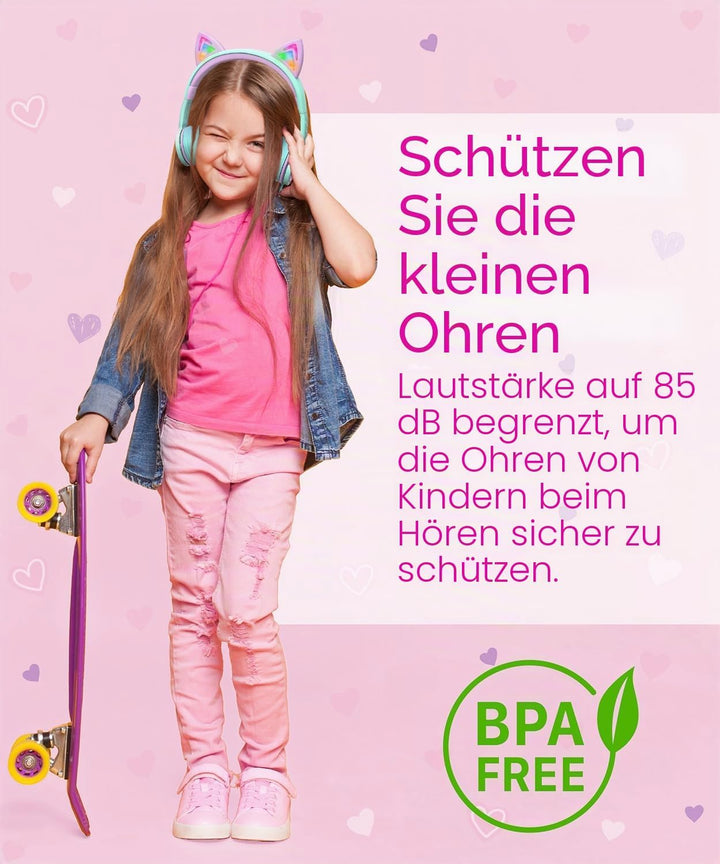 FosPower - Kopfhörer Kinder mit LED leuchten Katzenohren | 3,5mm On Ear Audio Kopfhörer für Kinder m