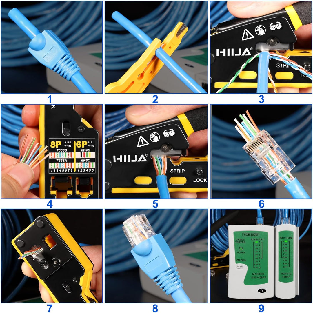 Hiija Crimpzange RJ45 - RJ45 Crimpwerkzeug Set, Cat5 Cat5e Cat6 Crimpzange für RJ11/12 6P/8P, 50 Stü