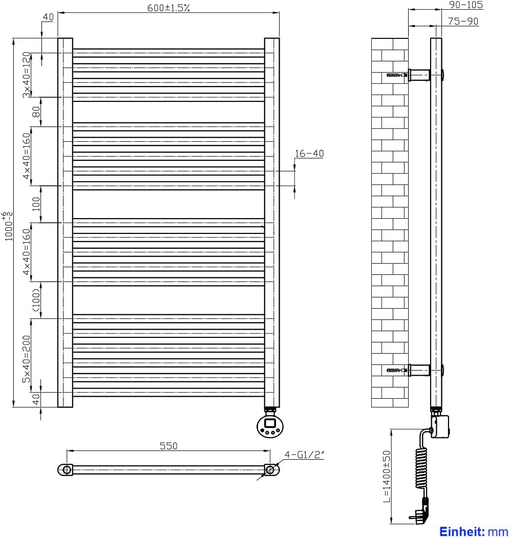 Heilmetz Badheizkörper Elektrisch 100x60cm Handtuchwärmer mit Digitalem Thermostat mit Timer-Funktio
