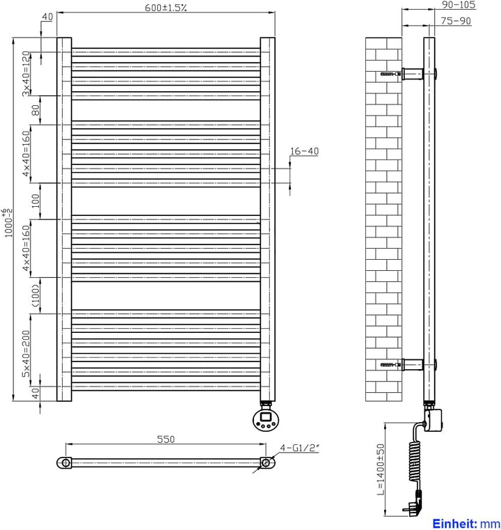Heilmetz Badheizkörper Elektrisch 100x60cm Handtuchwärmer mit Digitalem Thermostat mit Timer-Funktio