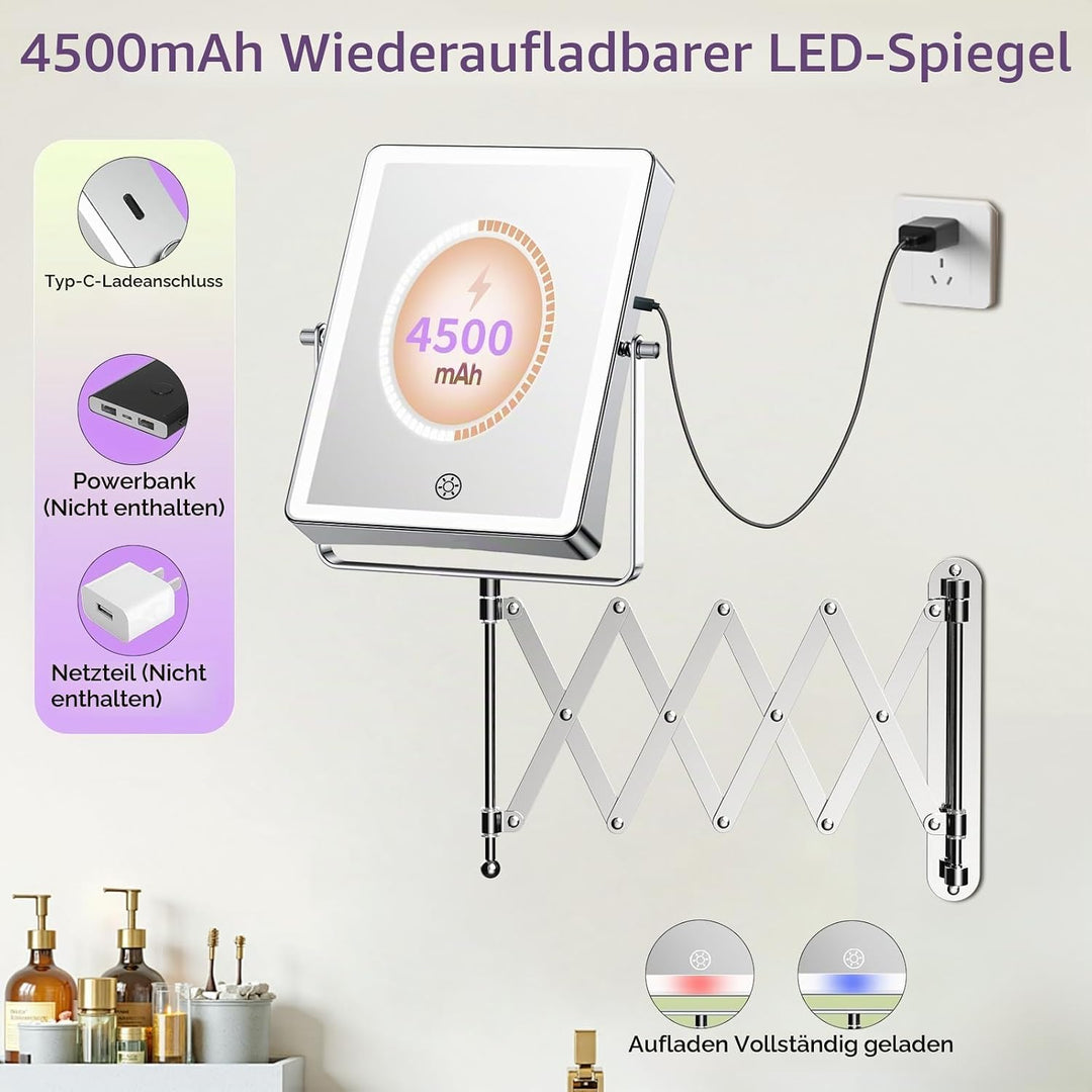 Famihomii 5000mAh Wiederaufladbar Kosmetikspiegel mit LED Beleuchtetung, 8,7 Zoll beidseitig 1X/20X