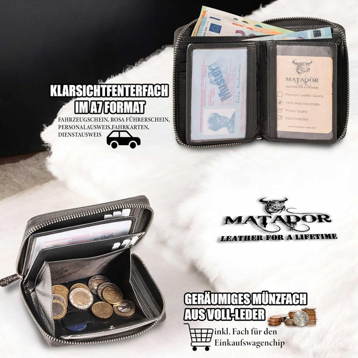 MATADOR® Granada Leder Geldbörse Herren mit Reissverschluss Schwarz TüV geprüfter RFID & NFC Schutz