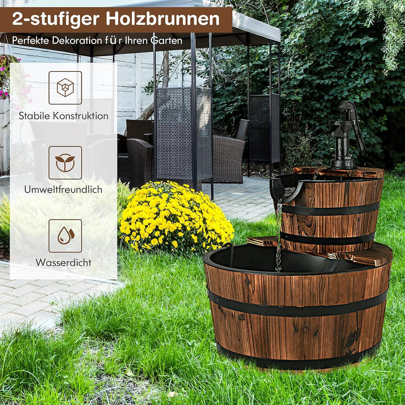 RELAX4LIFE Gartenbrunnen aus Tannenholz, Ø 44,5 cm Holzbrunnen mit Wasserpumpe, Zweistöckiger Spring