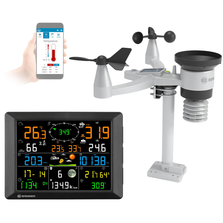 Bresser Wetterstation 1,5km Reichweite, WLAN, 7-in-1 Aussensensor, Solar, UV, Wind, Regen, WLAN Uplo
