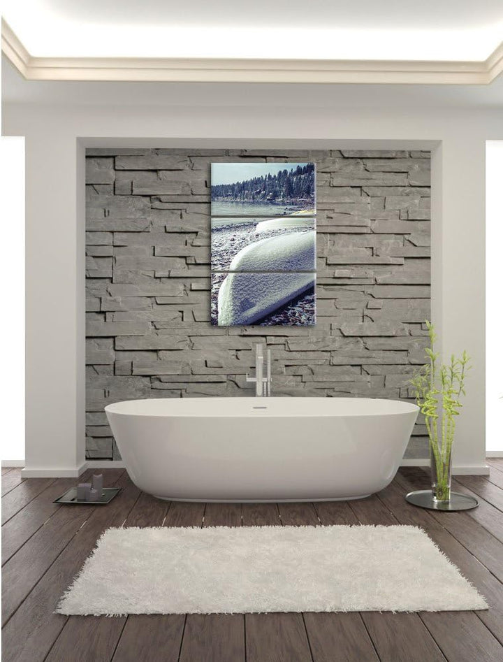 Pixxprint zugeschneite Boote im Winter 3-Teiler Leinwandbild 120x80 Bild auf Leinwand