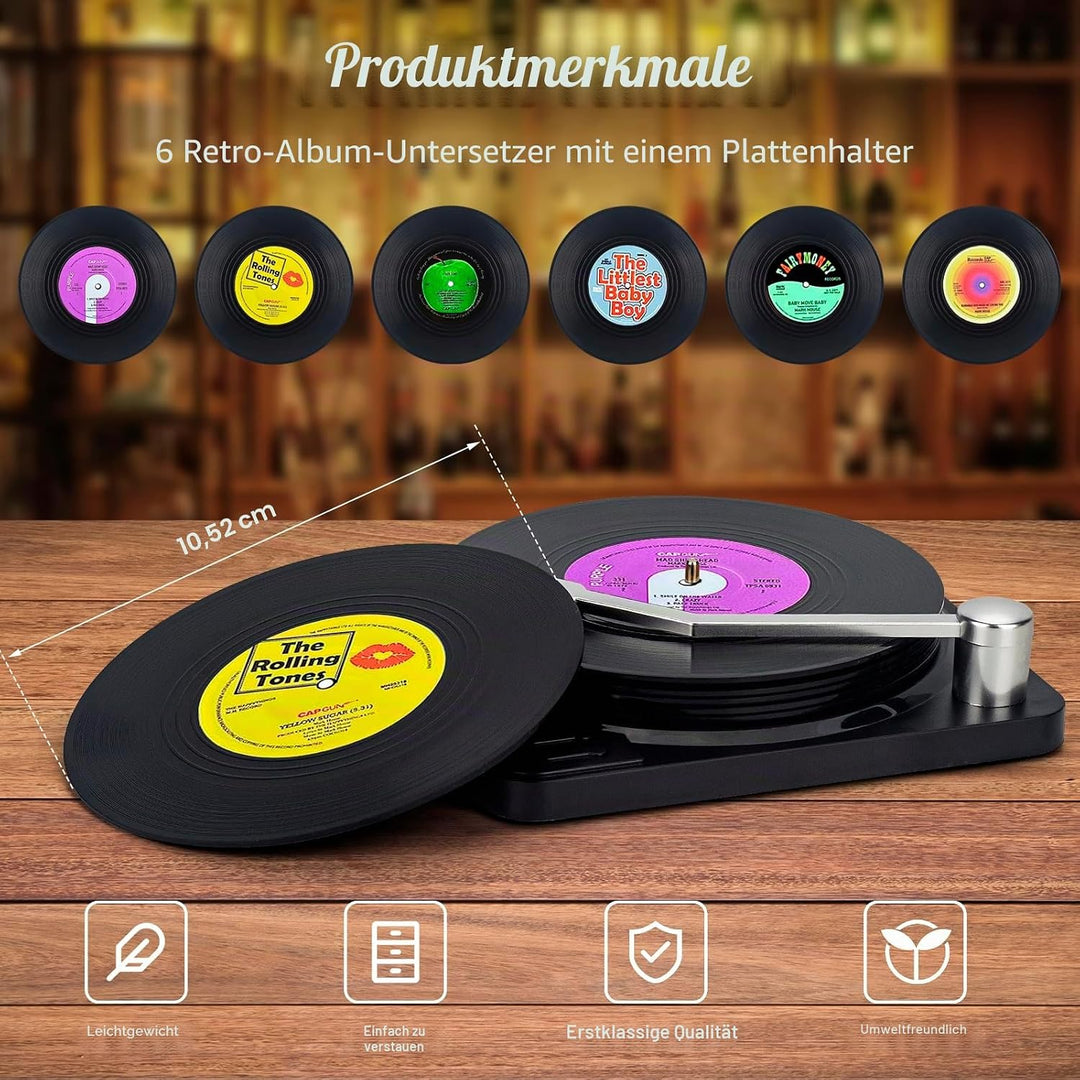 Valdivia Retro-Vinyl-Schallplatten Untersetzer mit Spieler, 6 Stück Untersetzer Gläser für Getränke,
