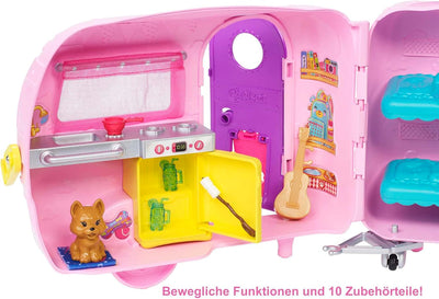 Barbie Chelsea Serie, Chelsea Auto und Camper Set mit 10+ Barbie Camping Accessoires, 1x Chelsea Pup