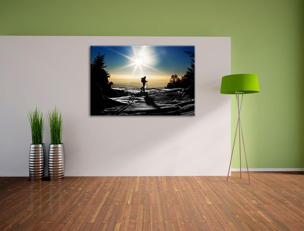 Ski Langläufer auf Berg schwarz/weiss Format: 100x70 auf Leinwand, XXL riesige Bilder fertig gerahmt