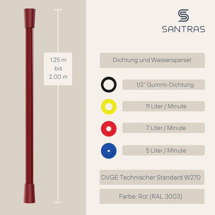 SANTRAS® Duschschlauch PREMIUM Rot 2,00 m mit Durchflussbegrenzer – Besonders flexibler Brauseschlau