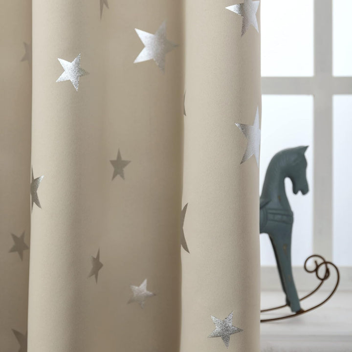 GIRASOLE HOME® Paar weiche Verdunkelungsvorhänge, Motiv: silberfarbene Sterne, weicher Vorhang für I