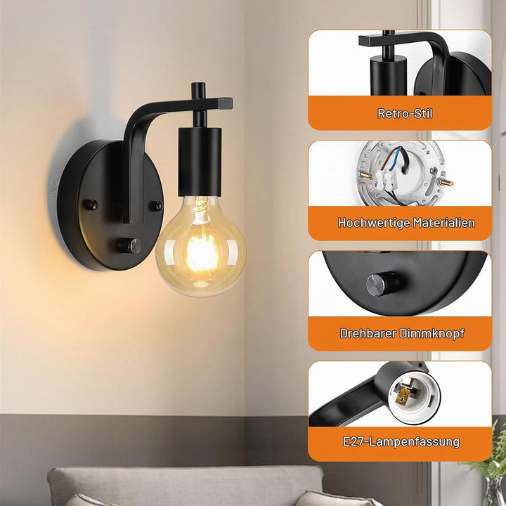 Lightess 2er Pack Industrielle Wandlampen Schwarze Wandleuchten mit dimmbarem Dimmerschalter Innen E