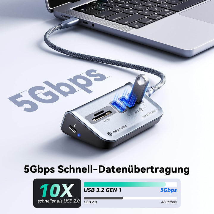 Yottamaster USB Hub mit SD Kartenleser, 5-in-1 USB 3.0 Hub, 3 USB-A 3.0, USB Verteiler mit SD/TF Car
