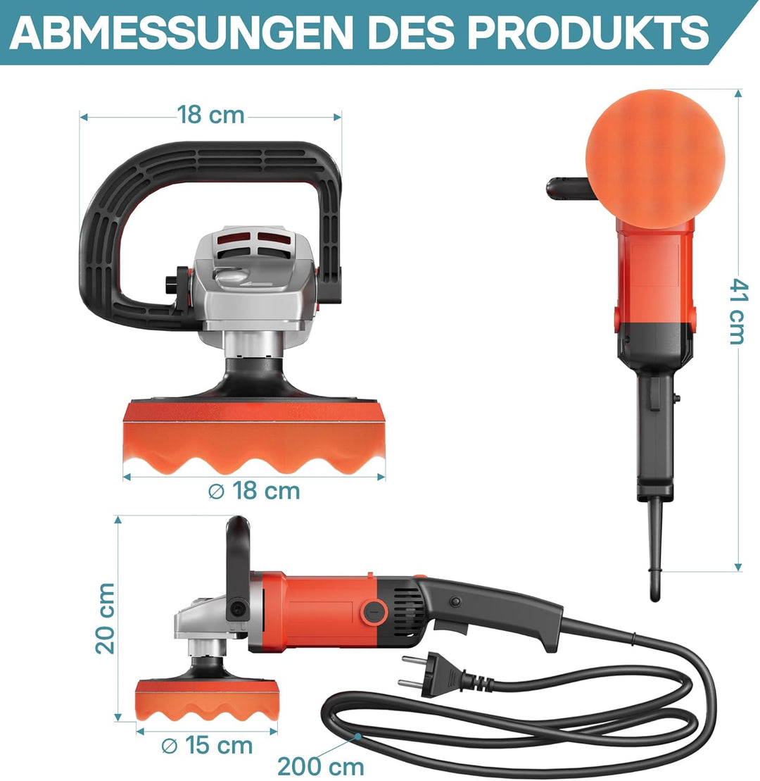 Wiltec Auto Poliermaschine Schleifmaschine 1200W bis 3000 U/min, Poliergerät mit 6 Stufen, mit Zubeh