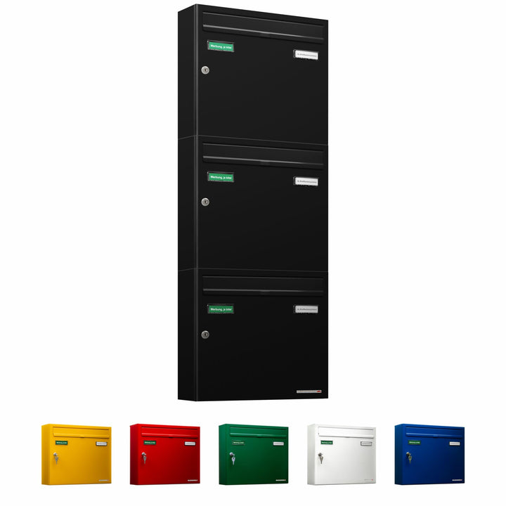 AL Briefkastensysteme Basic 3er Briefkasten RAL 9005 Tief Schwarz 3 Fach DIN A4 wetterfest Briefkast