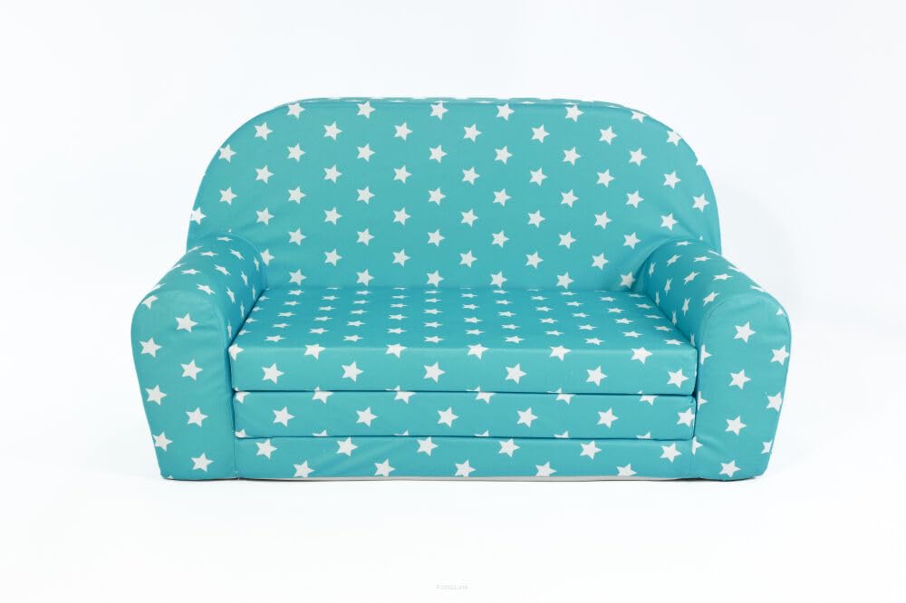 FORTISLINE Kindersofa Mini zum Aufklappen Viele Muster W386 (Türkis Sterne Weiss), Türkis Sterne Wei
